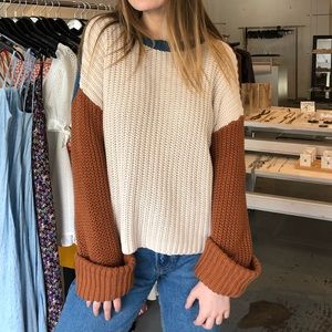 Tan Orange Blue Colorblock Sweater